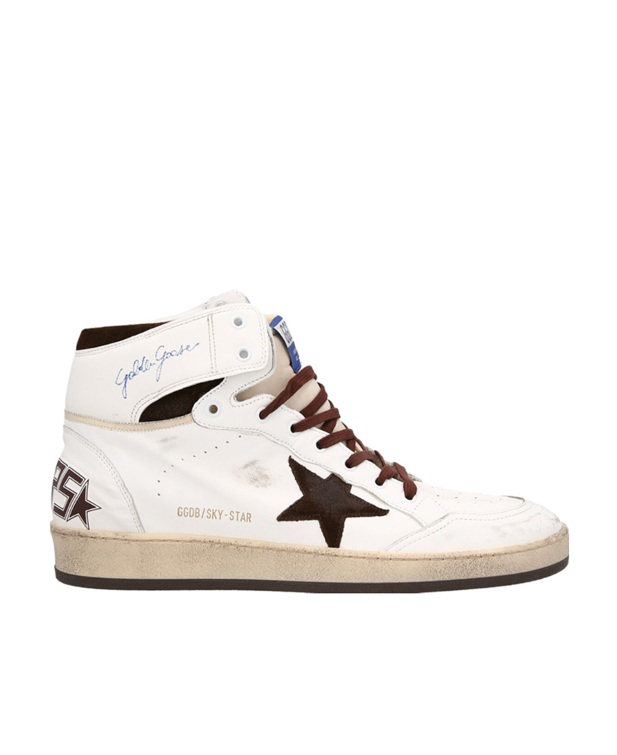 GOLDEN GOOSE MENS SKY-STAR IN WHITE NAPPA LEATHER WITH A CHOCOLATE SUEDE STAR