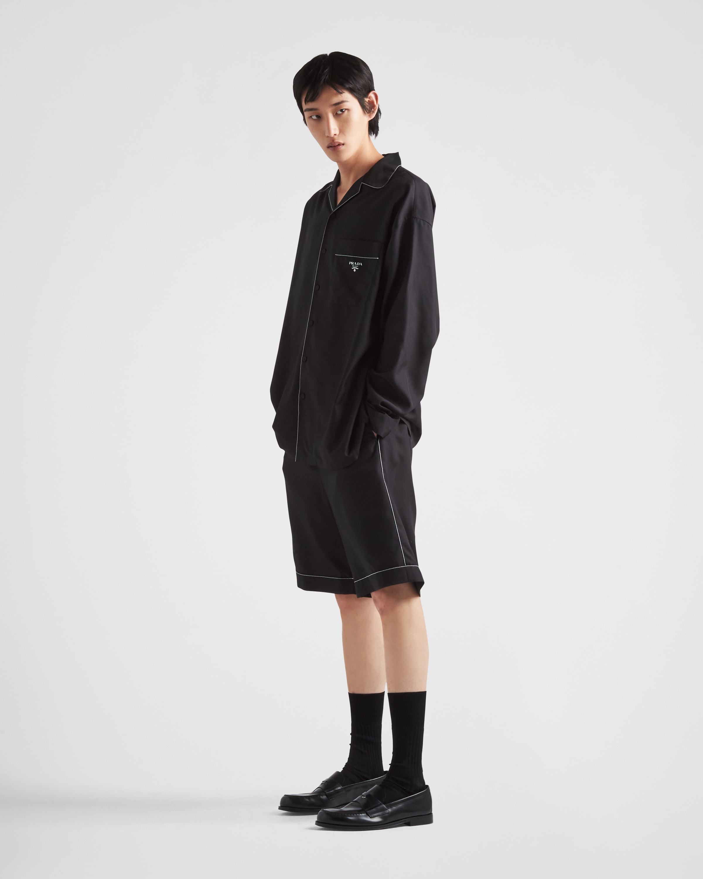 Prada Contrast-trim Silk Pajama Shirt In Black