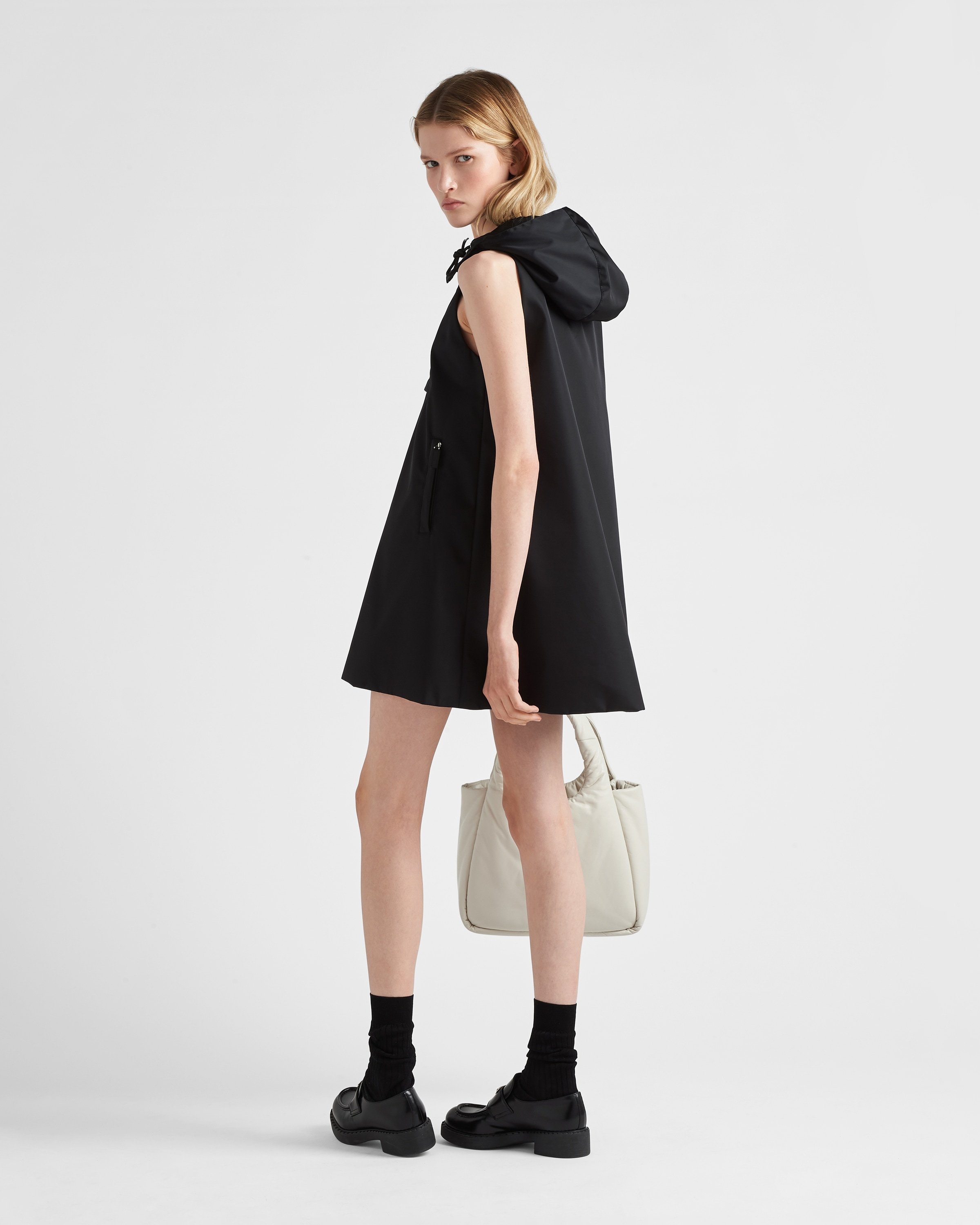 Prada Triangle Logo Hooded Minidress In Black