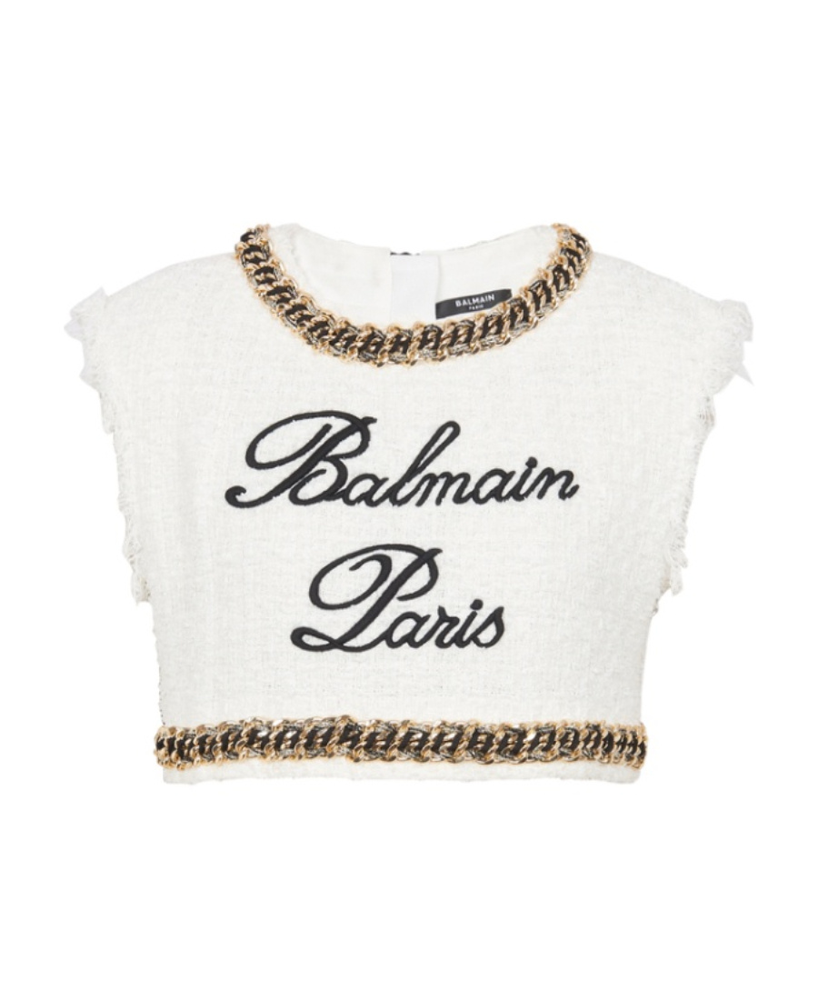 Balmain Signature-embroidered Tweed Crop Top In White