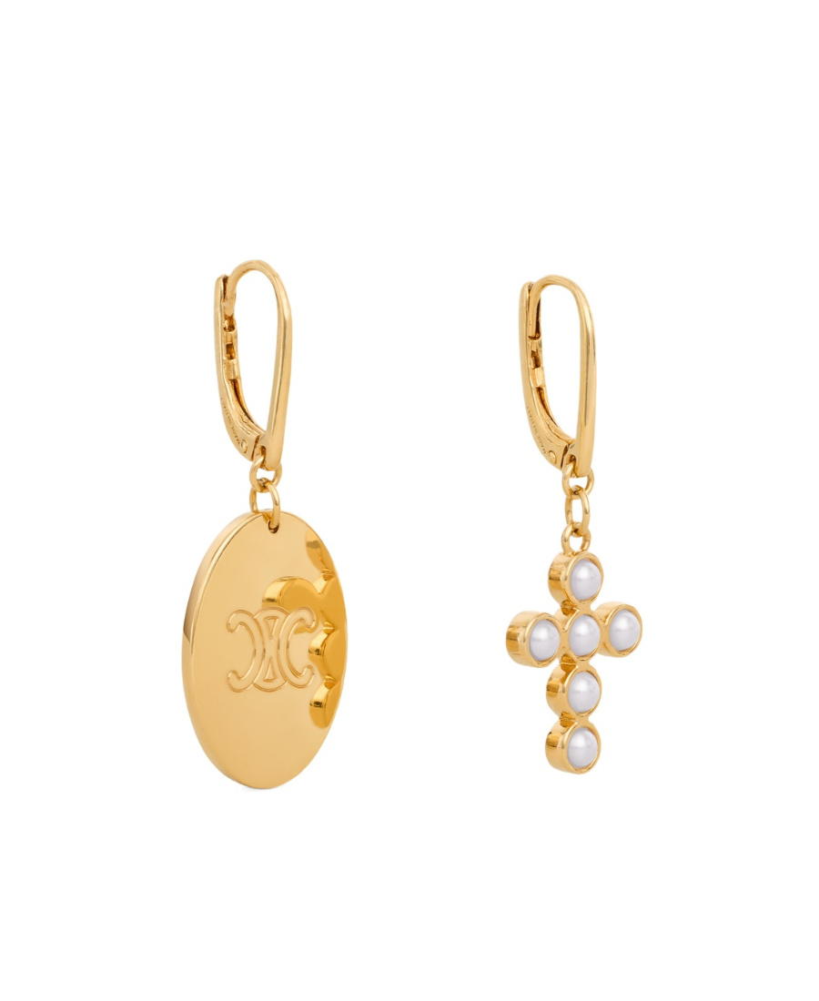 Celine Triomphe Folk Logo Earrings In Yellow