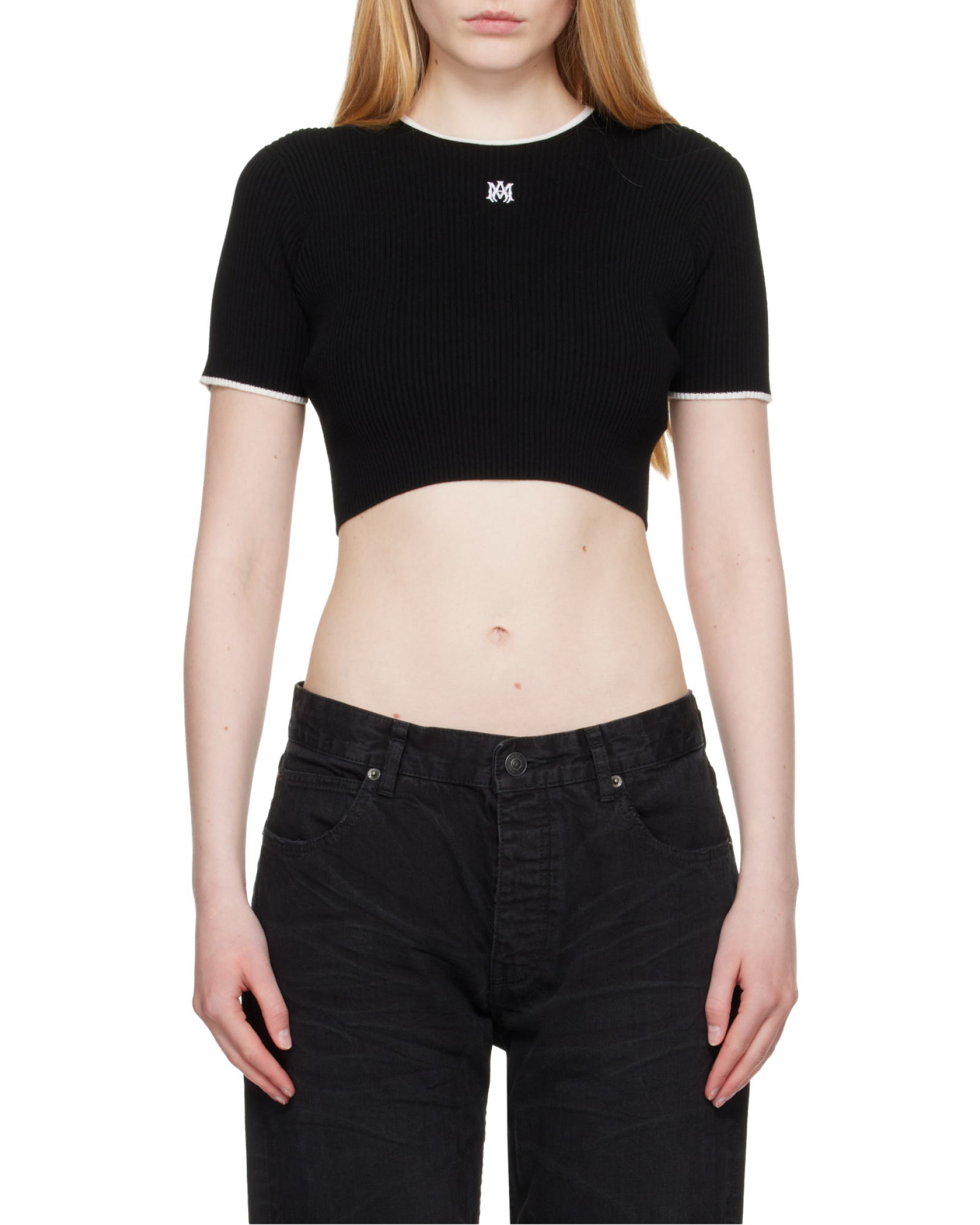 Amiri Ribbed Texture Crop Top With Contrast Trim In Black