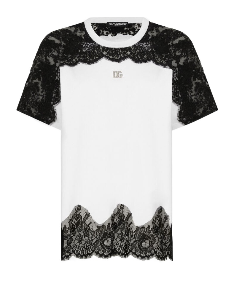 Dolce & Gabbana Jersey T-shirt With Dg Logo And Lace Inserts In White
