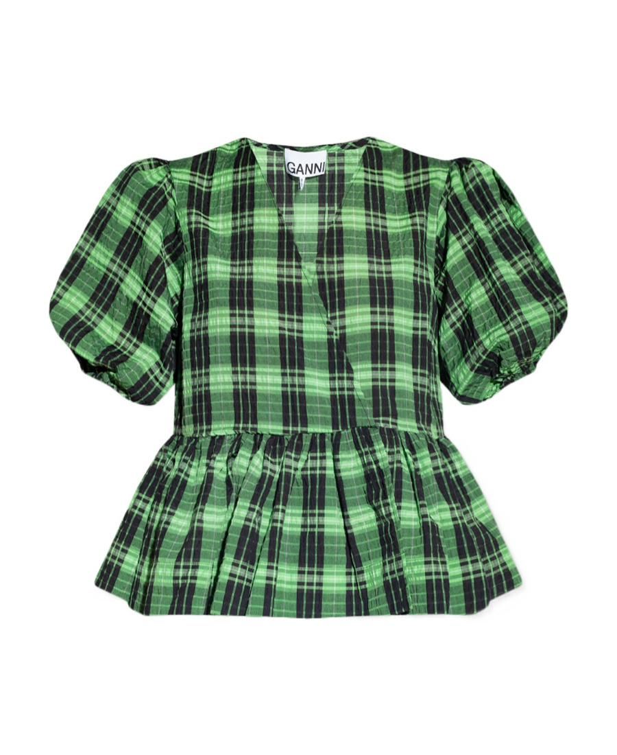 Ganni Plaid Seersucker Surplice Peplum Top In Green