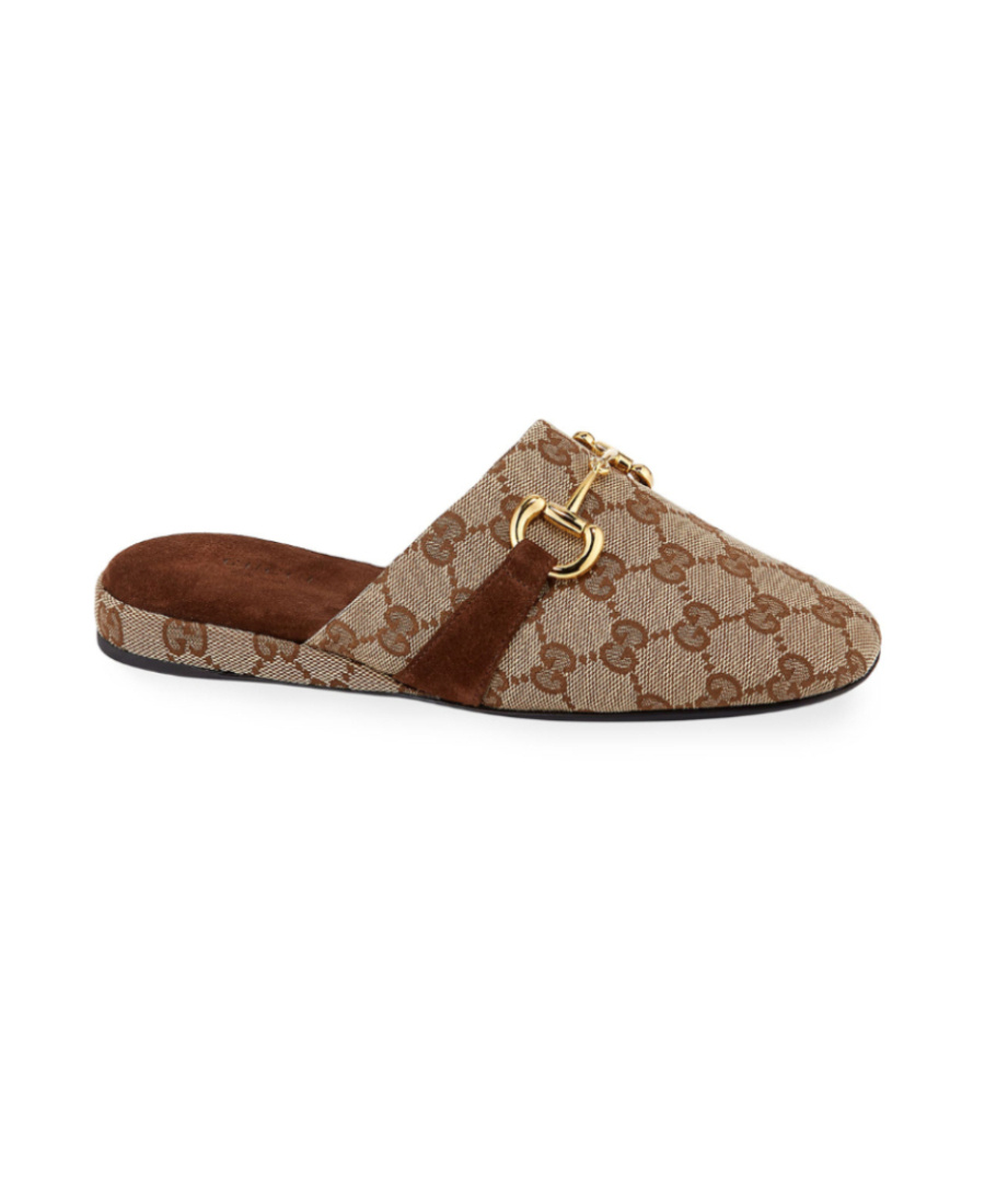 Gucci Monogram Pattern Horsebit Mules In Nude