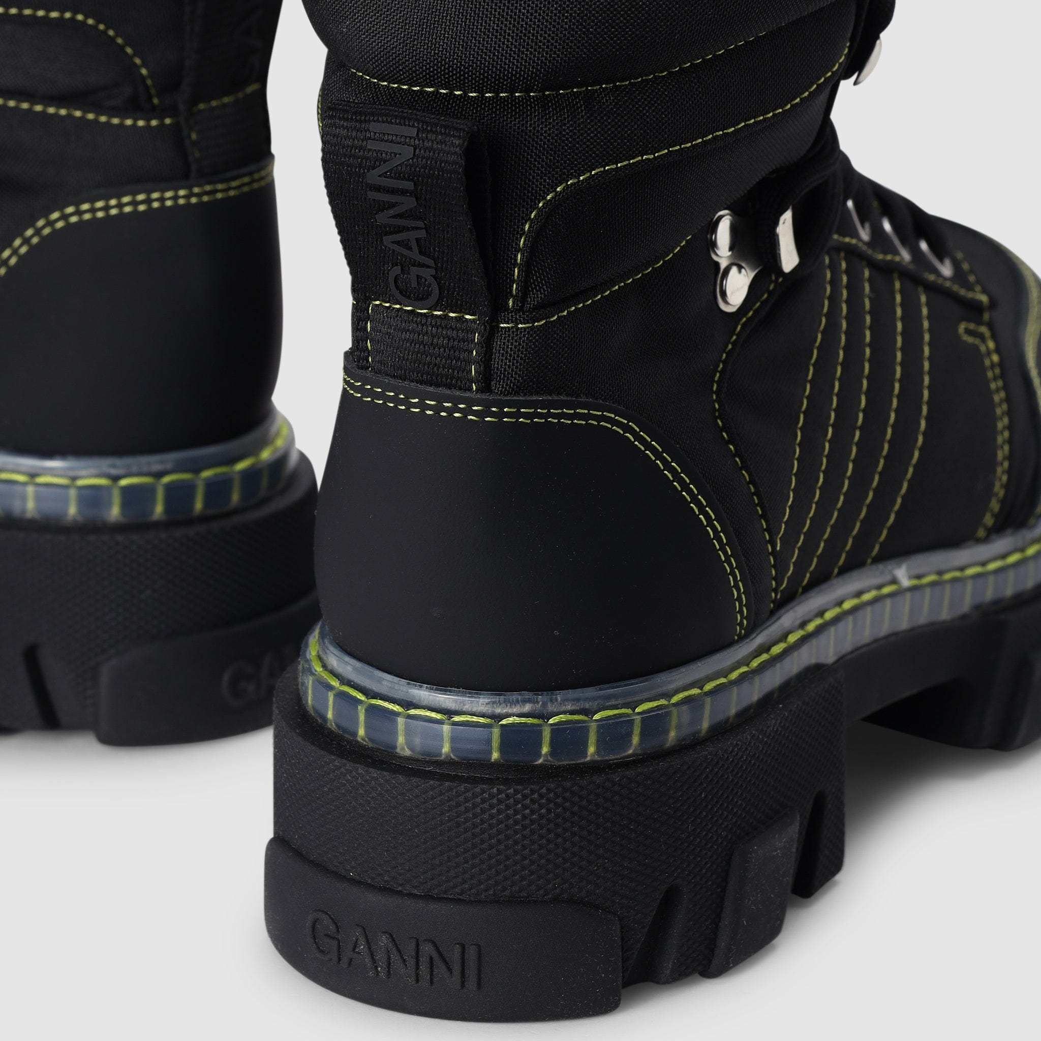 Ganni 50mm Recycled Fabric Hiking Boots In Black