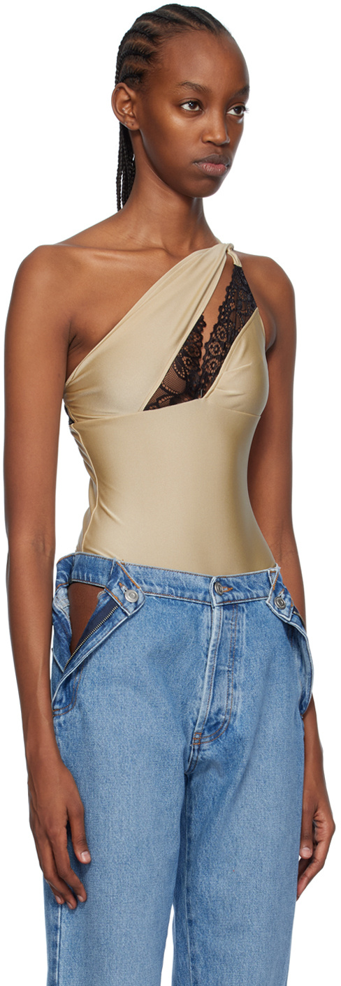 Shop Coperni Lace-detailing Asymmetric Bodysuit In Blue