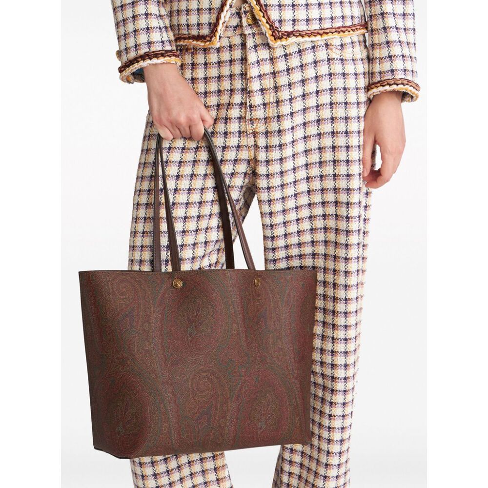 Etro Medium Canvas Shopping Bag With Paisley Pattern In Brown