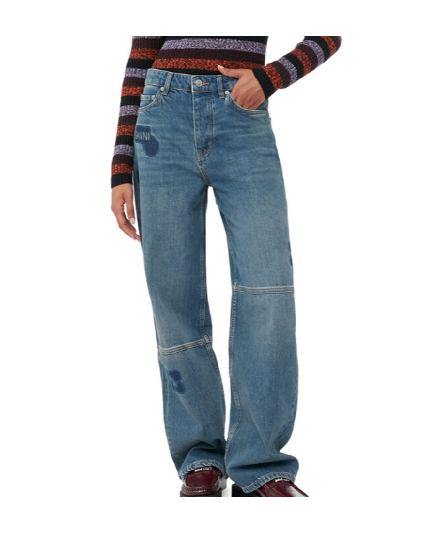 Shop Ganni Patch Izey Jeans In Blue
