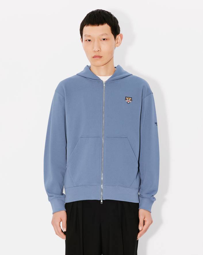 Kenzo Lucky Tiger Embroidery Zipper Hoodie In Blue