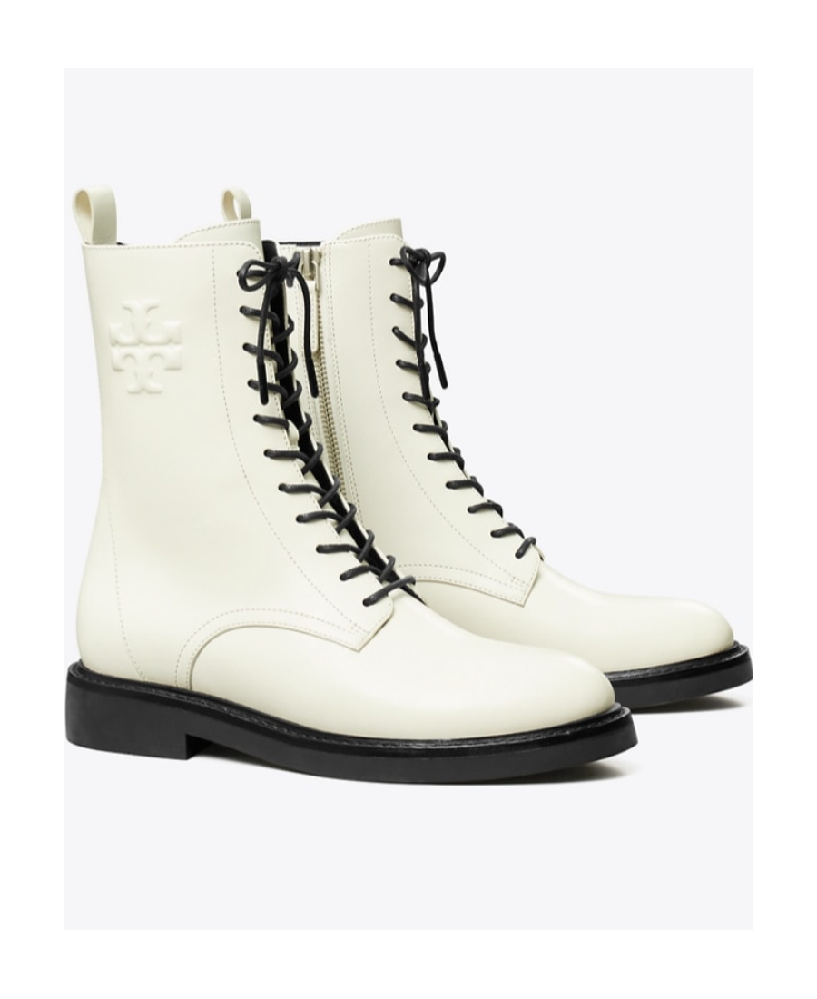 Tory Burch Double T-embossed Leather Boots In White