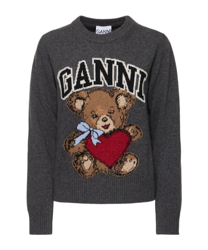 Ganni Grey Crewneck Sweater With Maxi Logo Print On The Front