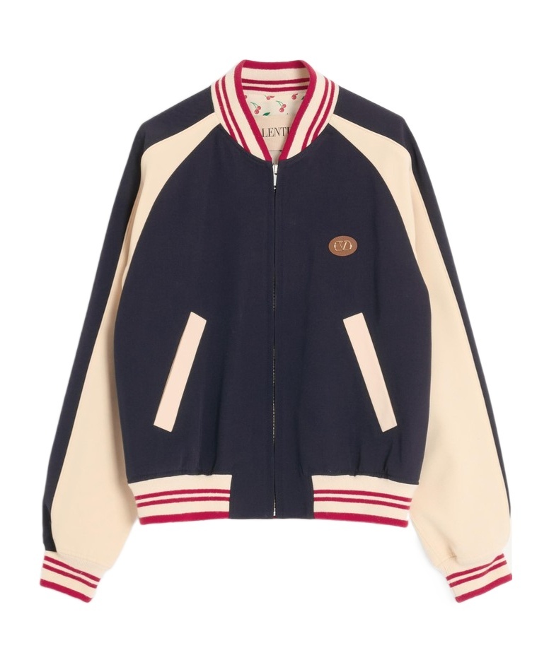 Valentino Sporty Bomber Jacket With Embroidered Details In Blue