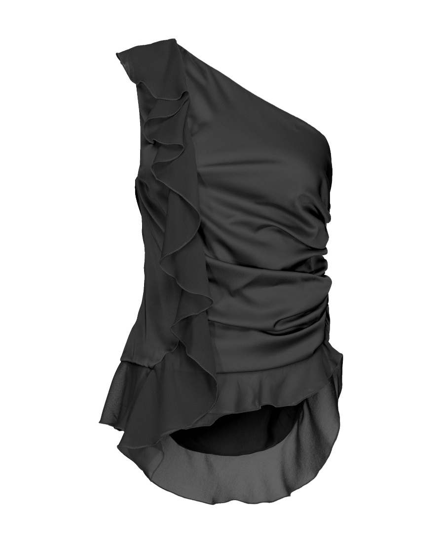 Pinko Fotoione Satin Ruffled One Shoulder Top In Black