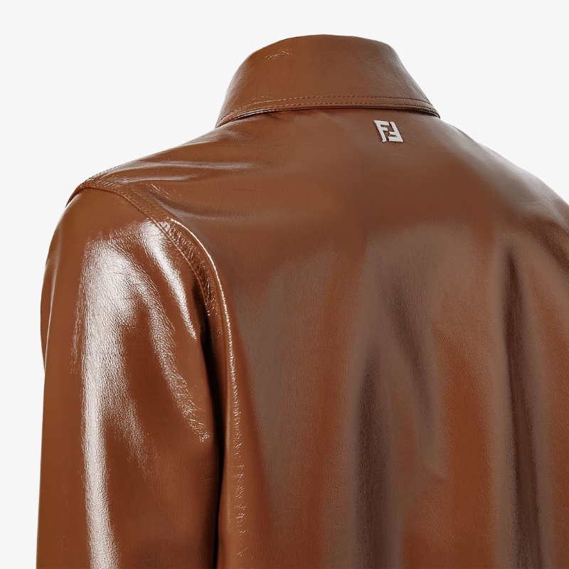 Fendi Leather Jacket Collared Design Front Pockets In Brown
