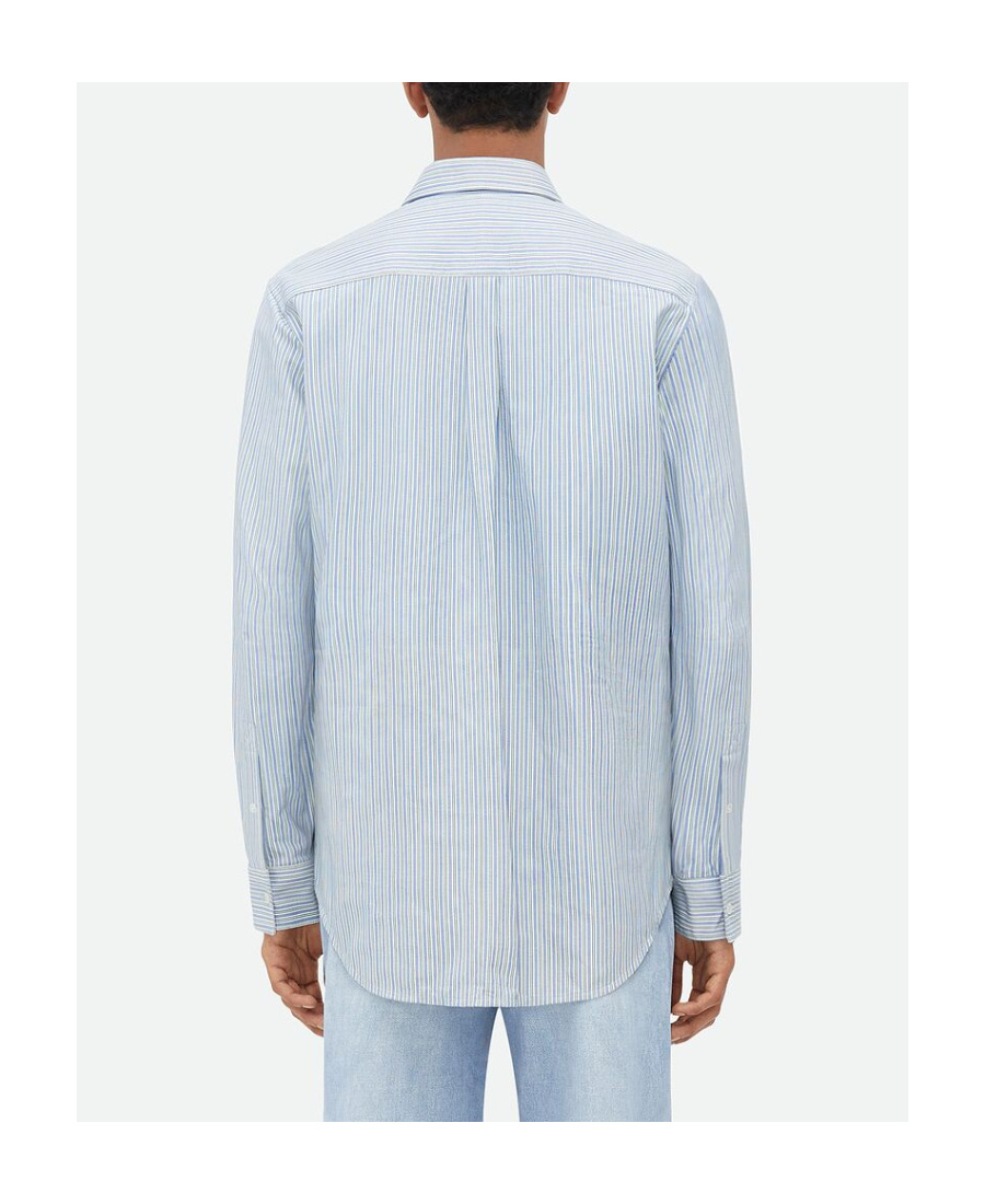 Bottega Veneta Striped Leather Shirt Cuffed Sleeves In Light Blue/white