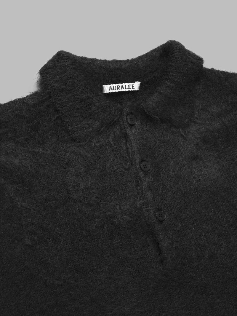 Auralee Brushed Super Kid Mohair Knit Polo In Black