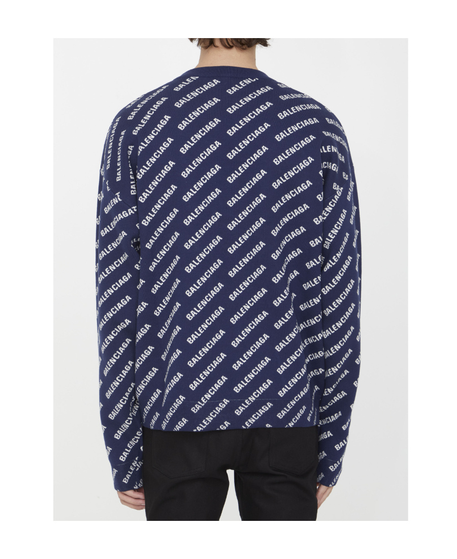 Balenciaga All-over Logo Crewneck Sweater In Blue