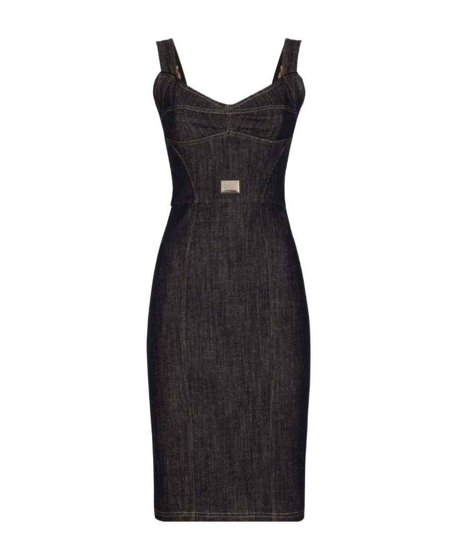 Dolce & Gabbana Logo-plaque Midi Denim Dress In Black