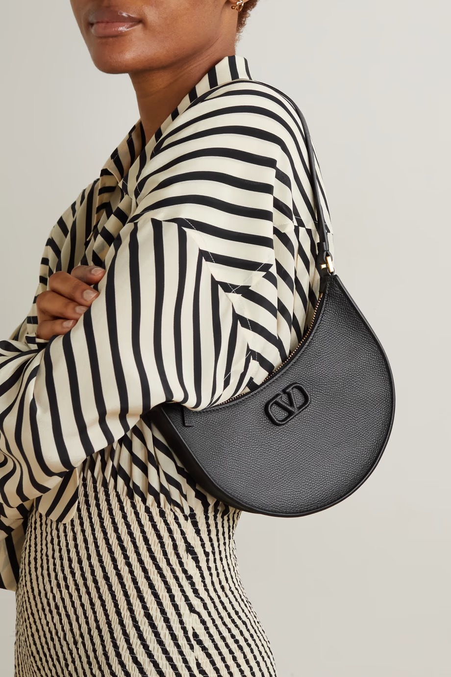 Valentino Half-moon Leather Shoulder Bag With Chain Strap In Black