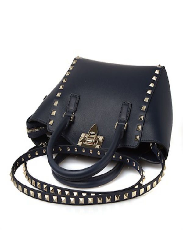 Valentino Navy Blue Rivet Handbag In Black