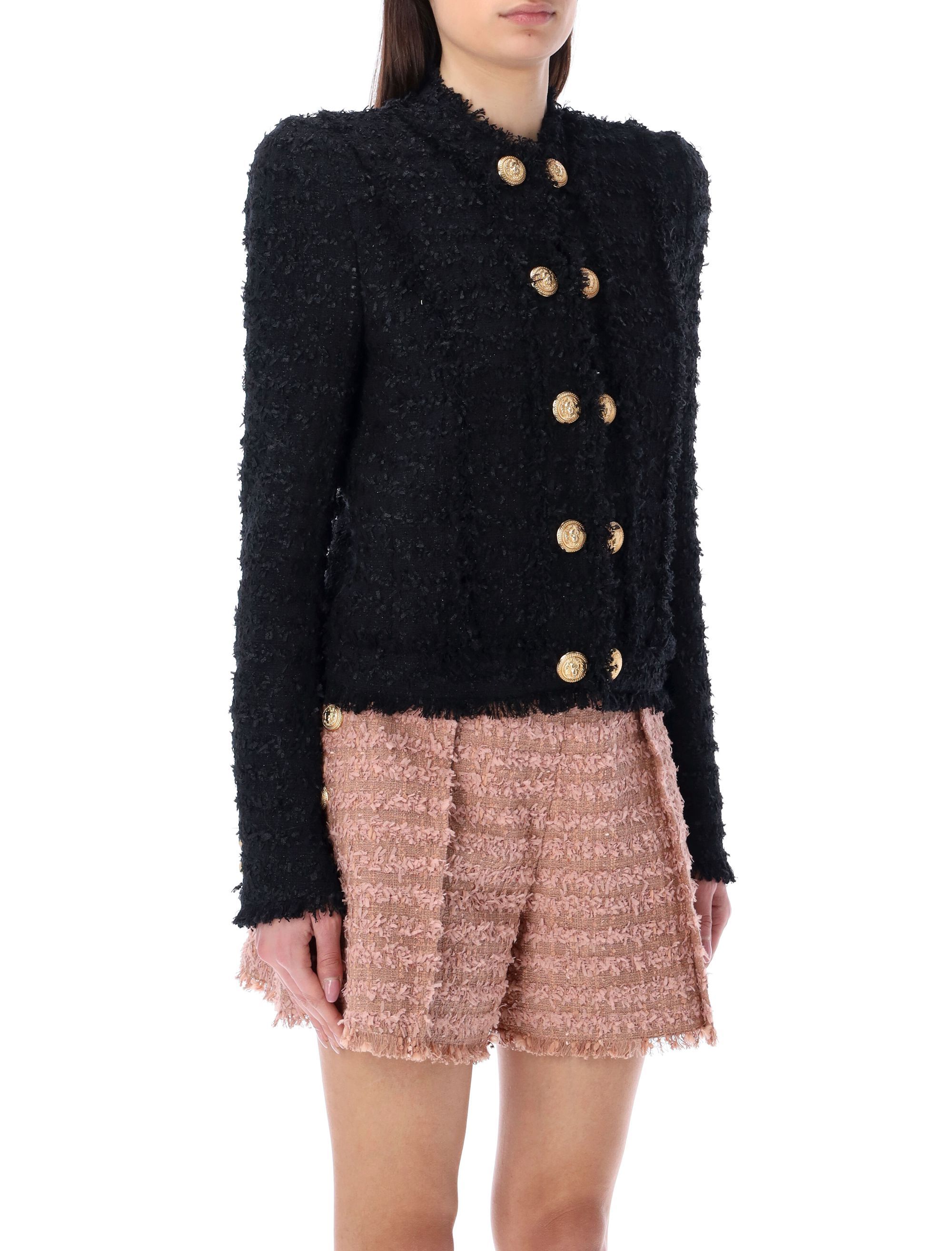 Balmain Collarless Four-pocket Tweed Jacket In Black