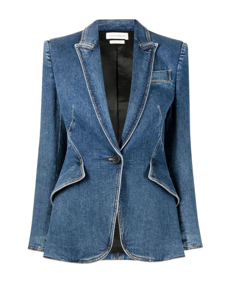 Shop Alexander Mcqueen One Butt Denim Blazer In Blue