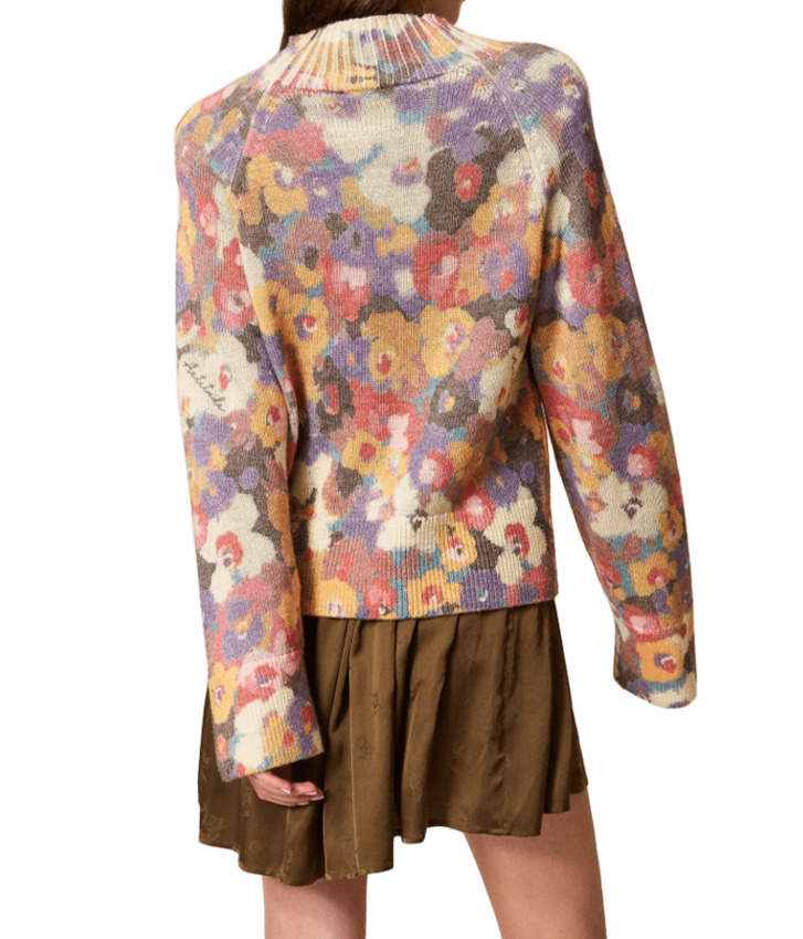 Twinset Multicolored Floral Patterned Sweater With Ribbed Crew Neckline In Multi