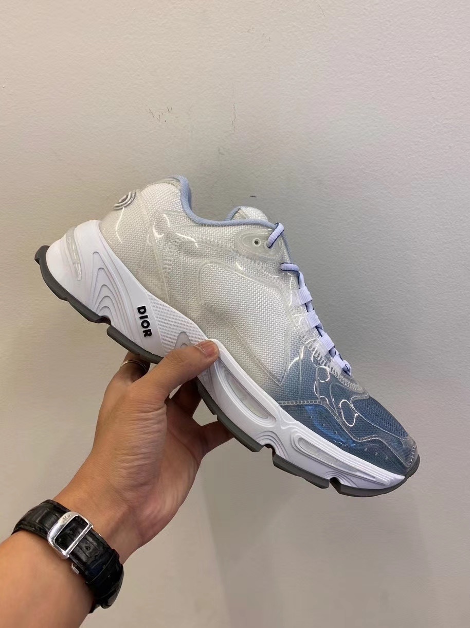 Dior Blue Mesh Flat Casual Sneakers In White