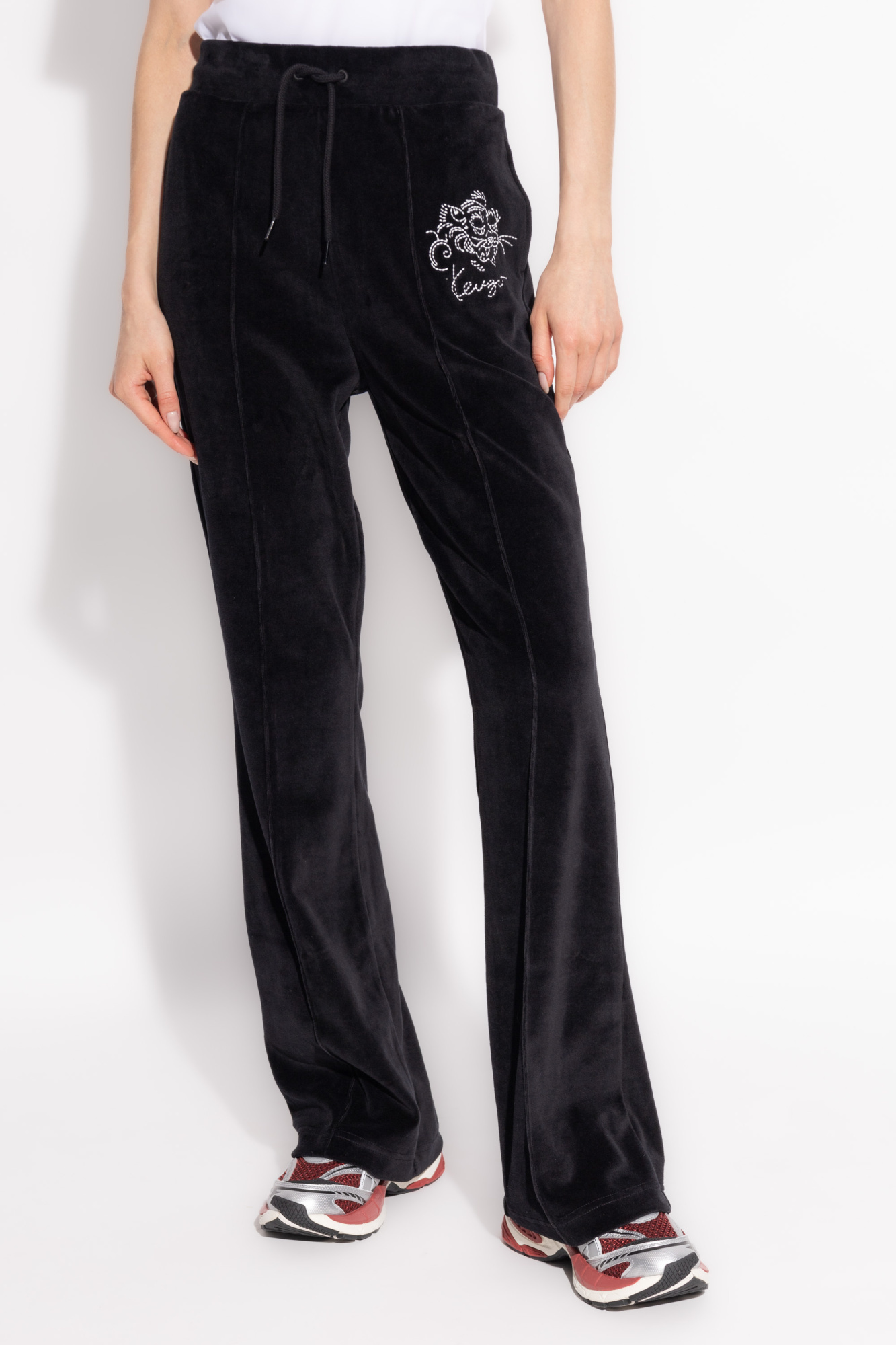 Shop Kenzo ' Star Tiger' Embroidered Velvet Track Pants In Black