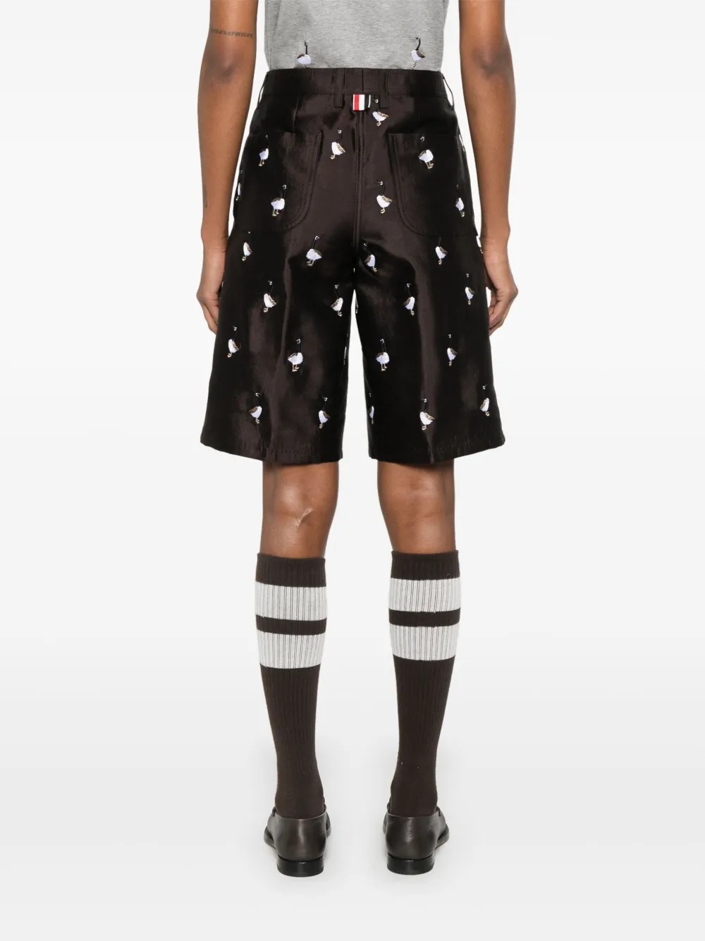 Thom Browne Goose-embroidered Wide-leg Shorts In Brown