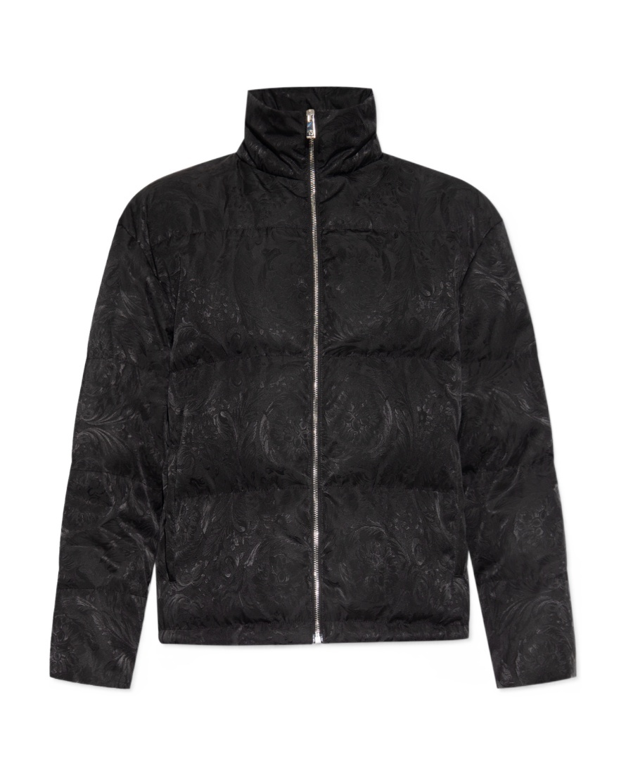 Versace Full Zip Down Jacket With All-over Pattern In Black