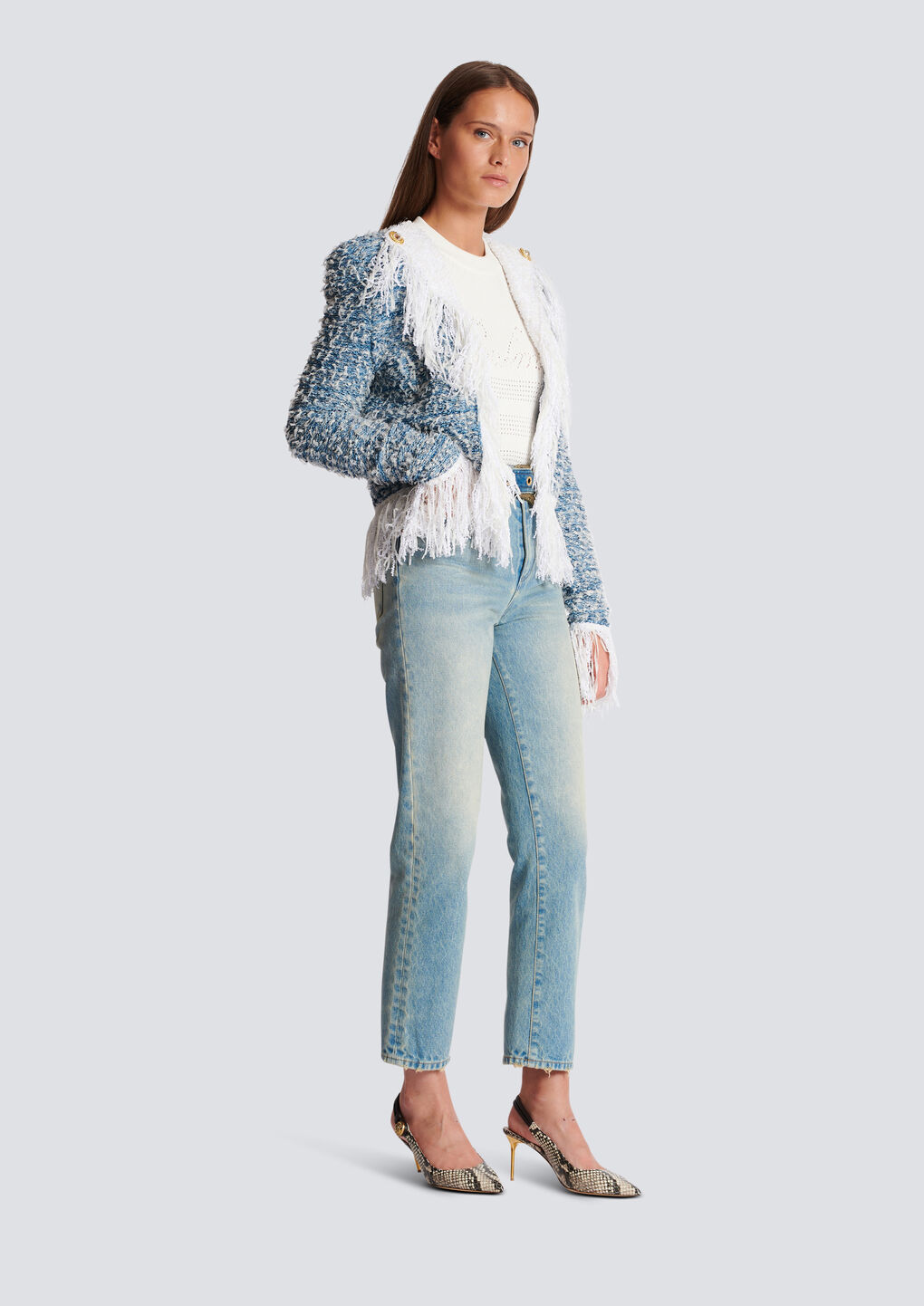 Shop Balmain Fringed Denim Tweed Jacket In Blue