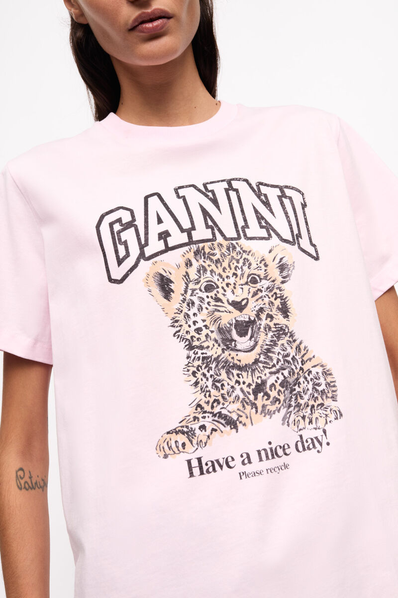 Ganni Crew Neck Graphic Print Relaxed Fit Tops In Pink