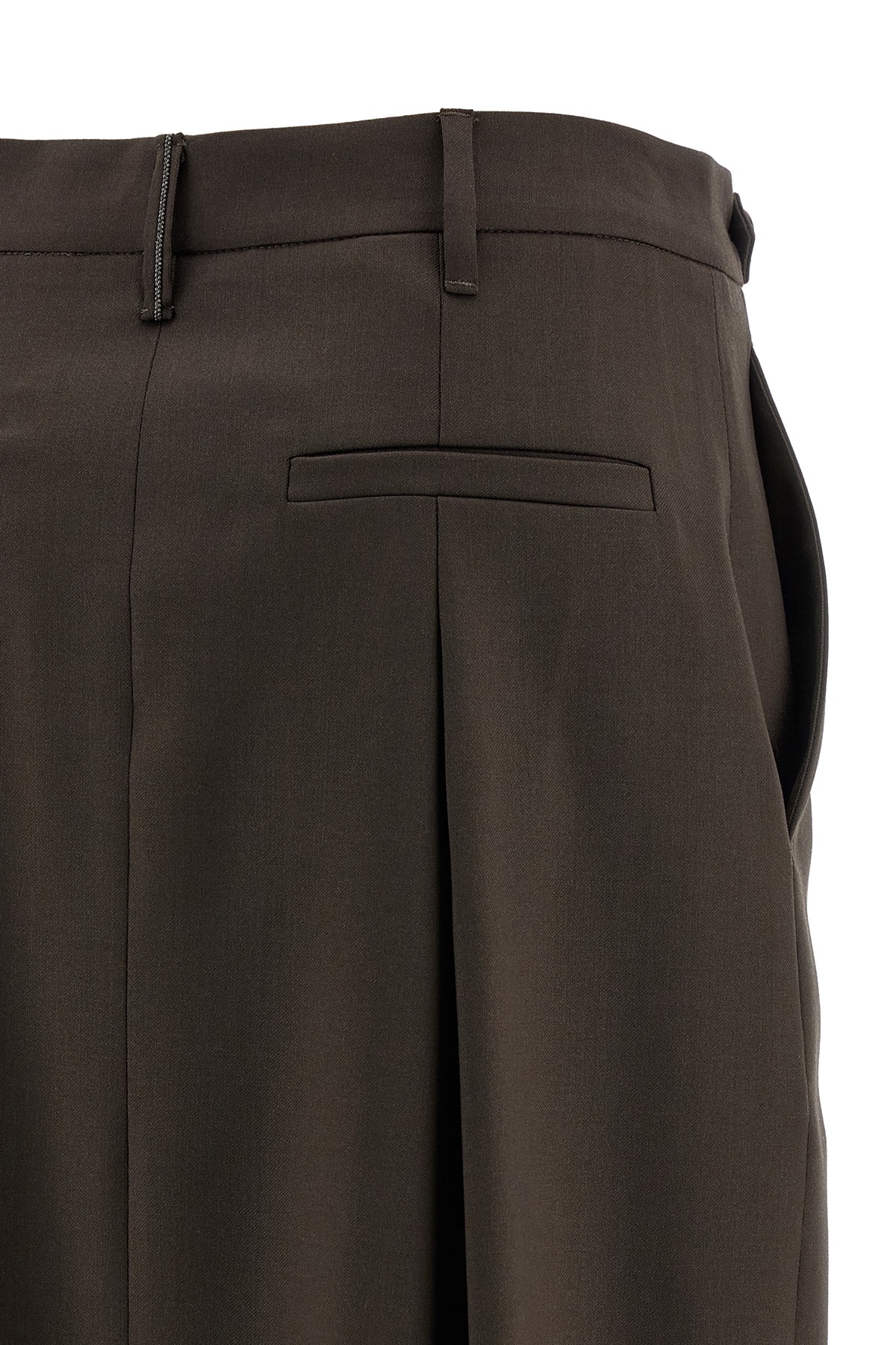 Brunello Cucinelli Curved Design Skirt With Pleats And Pockets In Brown