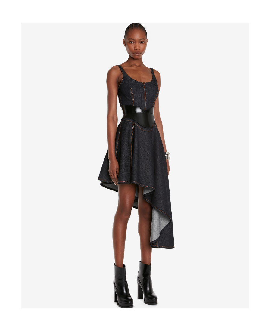 Alexander Mcqueen Asymmetric Midi Denim Corset Dress In Blue