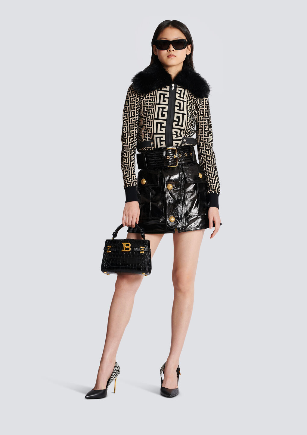 Balmain Monogrammed Knit Jacket With Faux Fur In Black