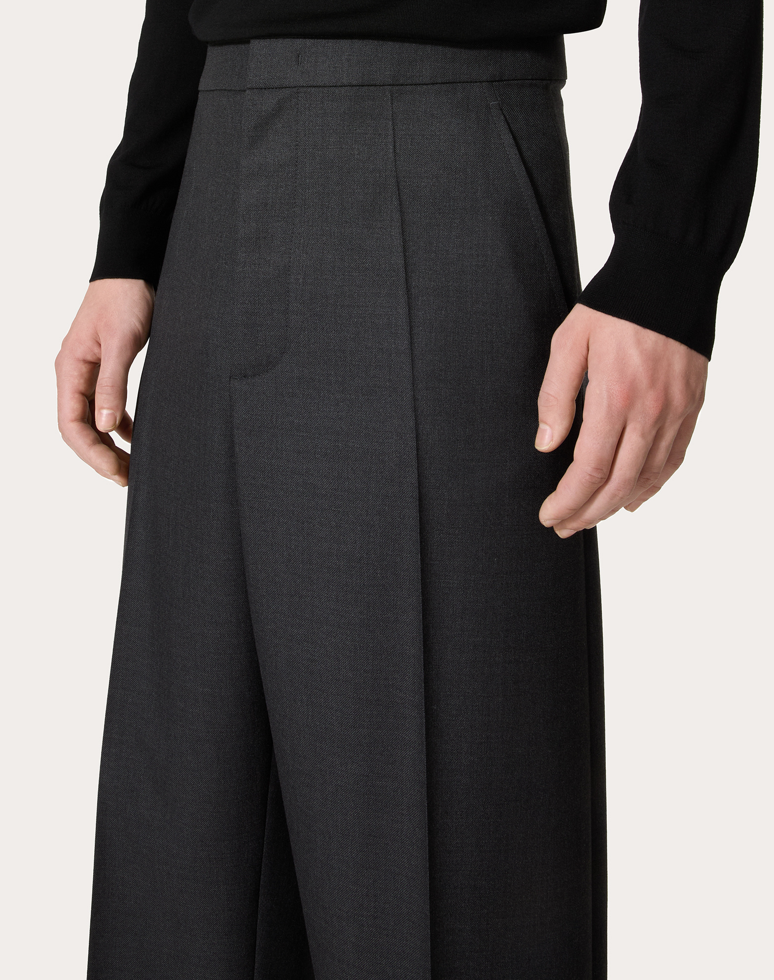 Valentino Garavani Grey Wide Pants With Pences In Wool Man In Black