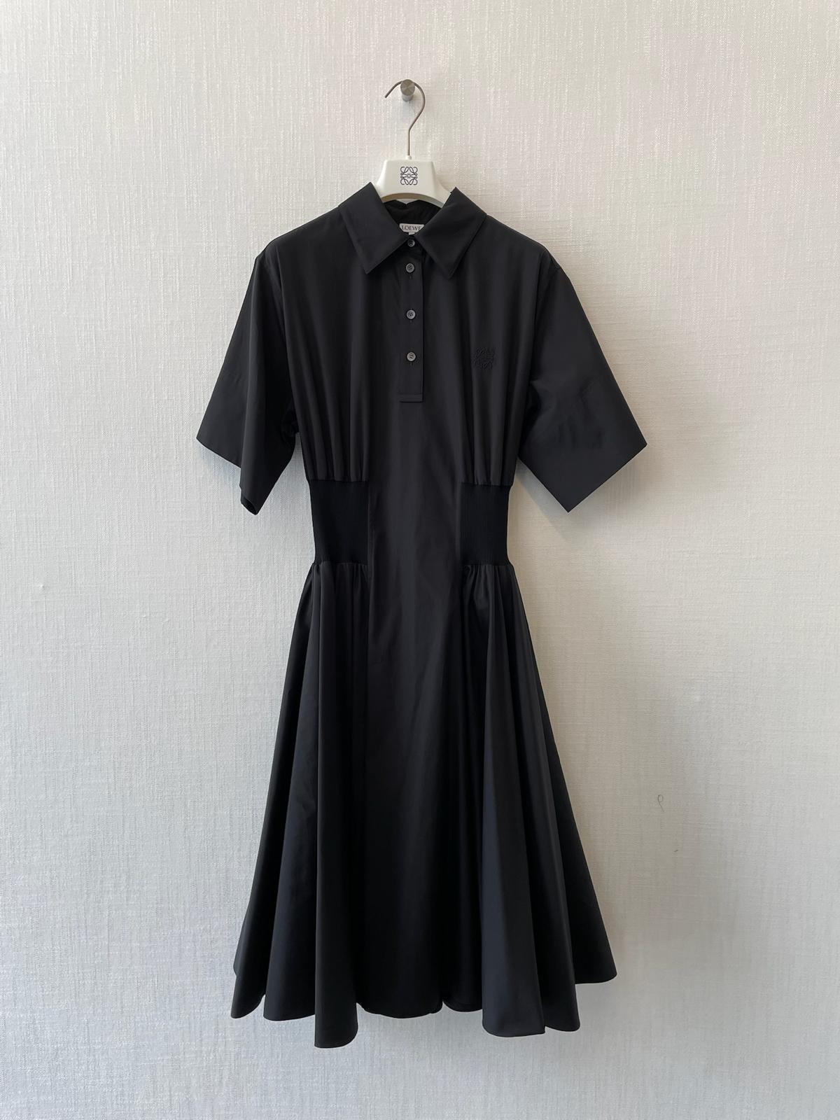 Loewe Short-sleeve Cinched-waist Poplin Midi Shirtdress In Black