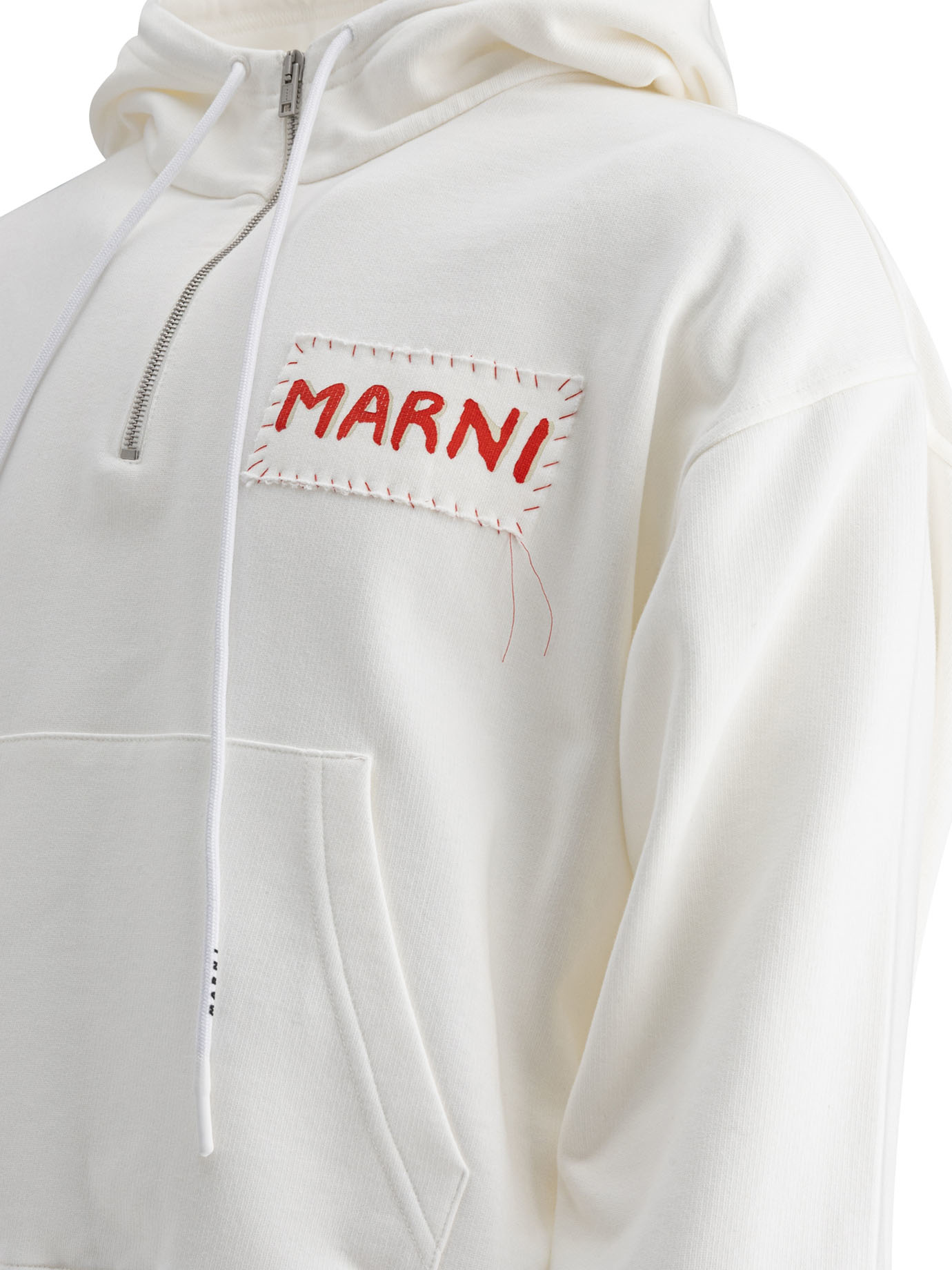 Marni Relaxed-fit White Hoodie With Embroidered Logo Patch In Red