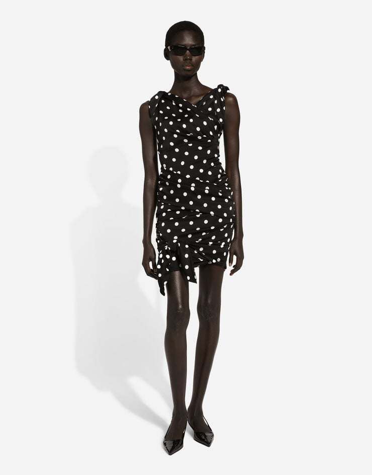 Dolce & Gabbana Polka-dot Draped Mini Dress In Black