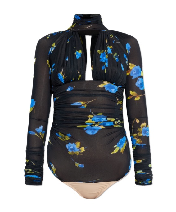 Blumarine Floral-print Ruched Bodysuit In Black