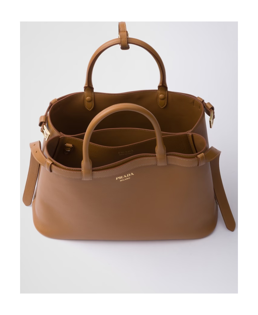Prada Buckle Medium Leather Handbag With Double Belt In Brown