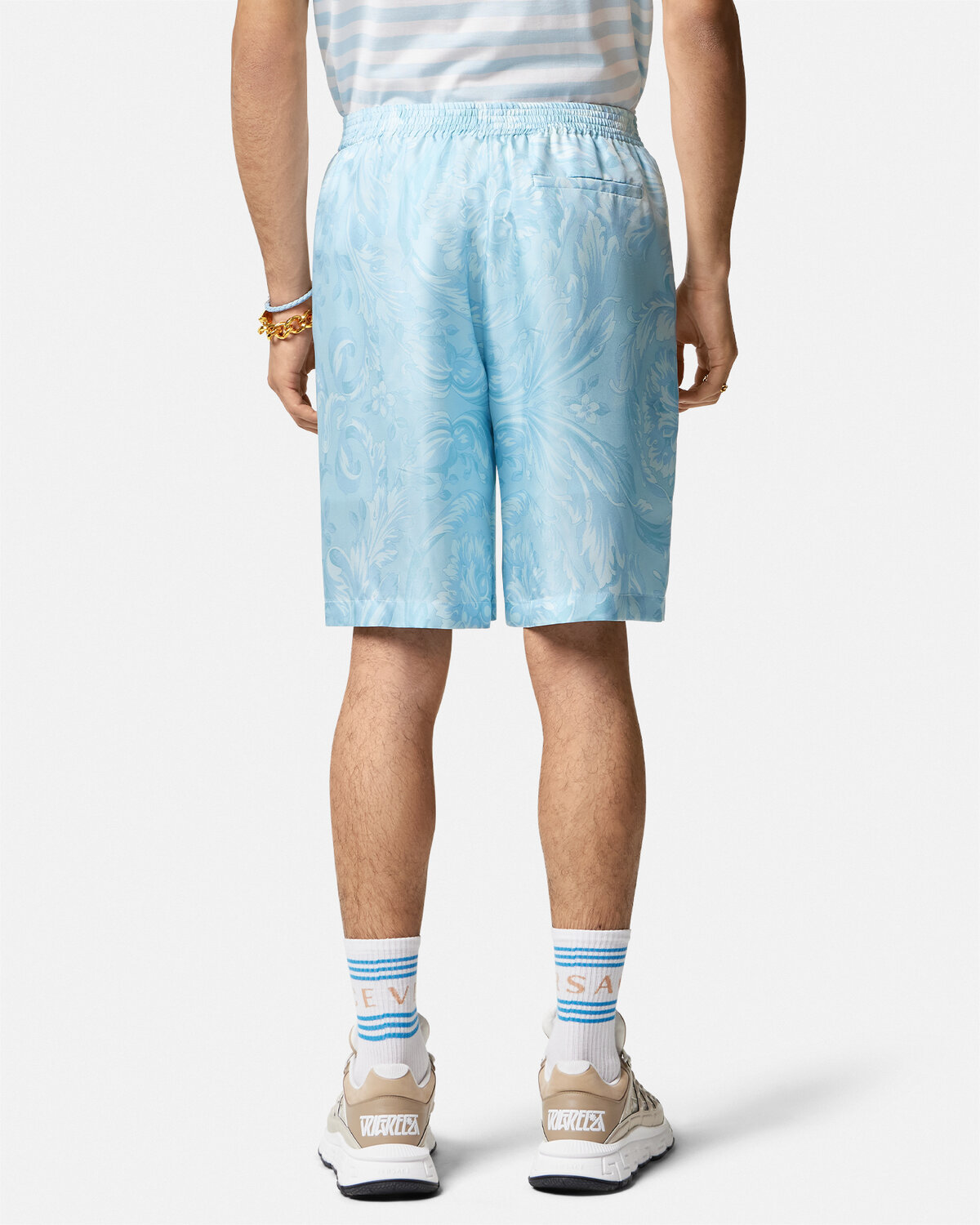 Versace Barocco Print Silk Shorts In Blue