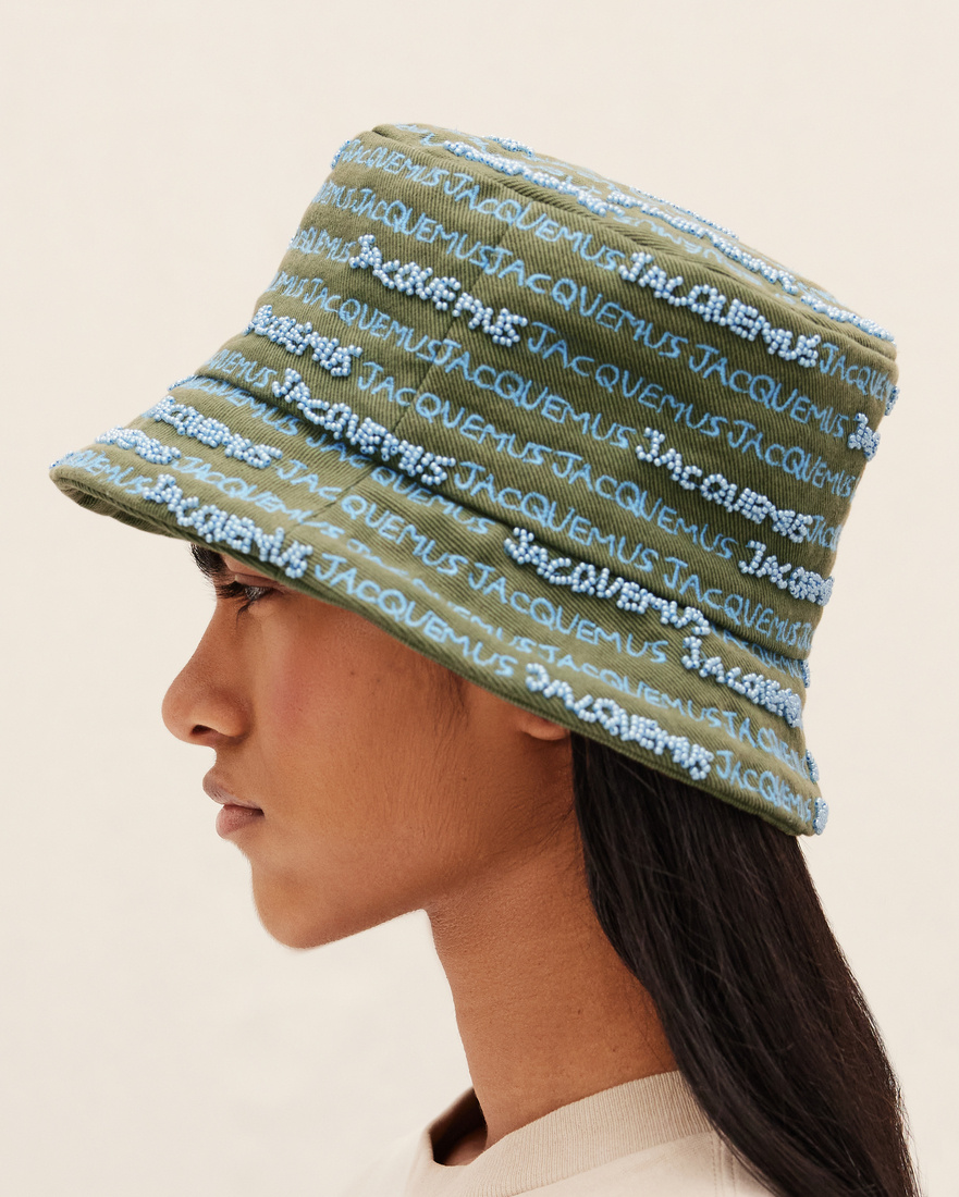 Jacquemus Khaki & Blue Le Raphia 'le Bob Bordado' Bucket Hat In Green