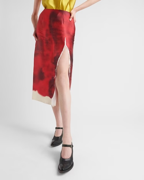 Shop Prada Printed Satin Midi Skirt With Slit In Red