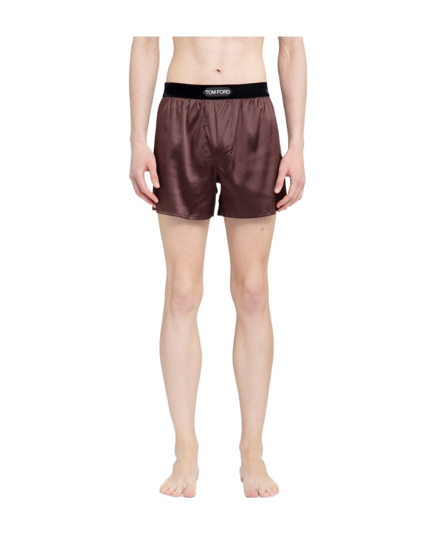 Tom Ford Mens Mahogany Branded Waistband Silk-blend Boxer In Brown
