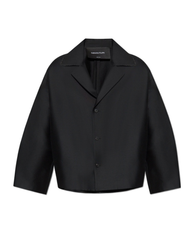 Fabiana Filippi Silk Blend Wide Blazer With V-neck Collar In Black
