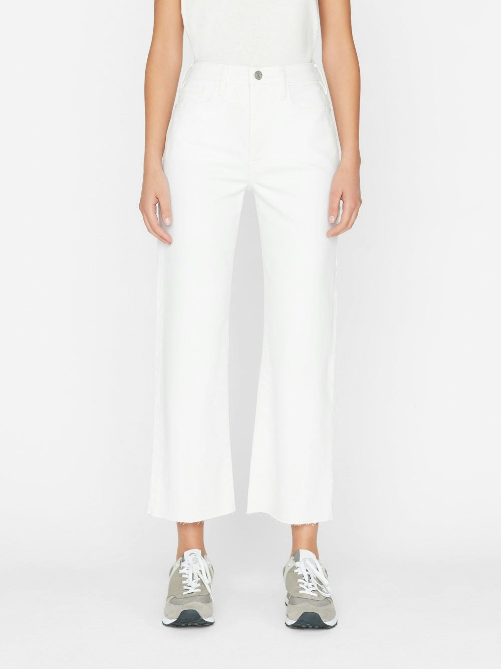 Frame High Waist Button Denim Trousers In White