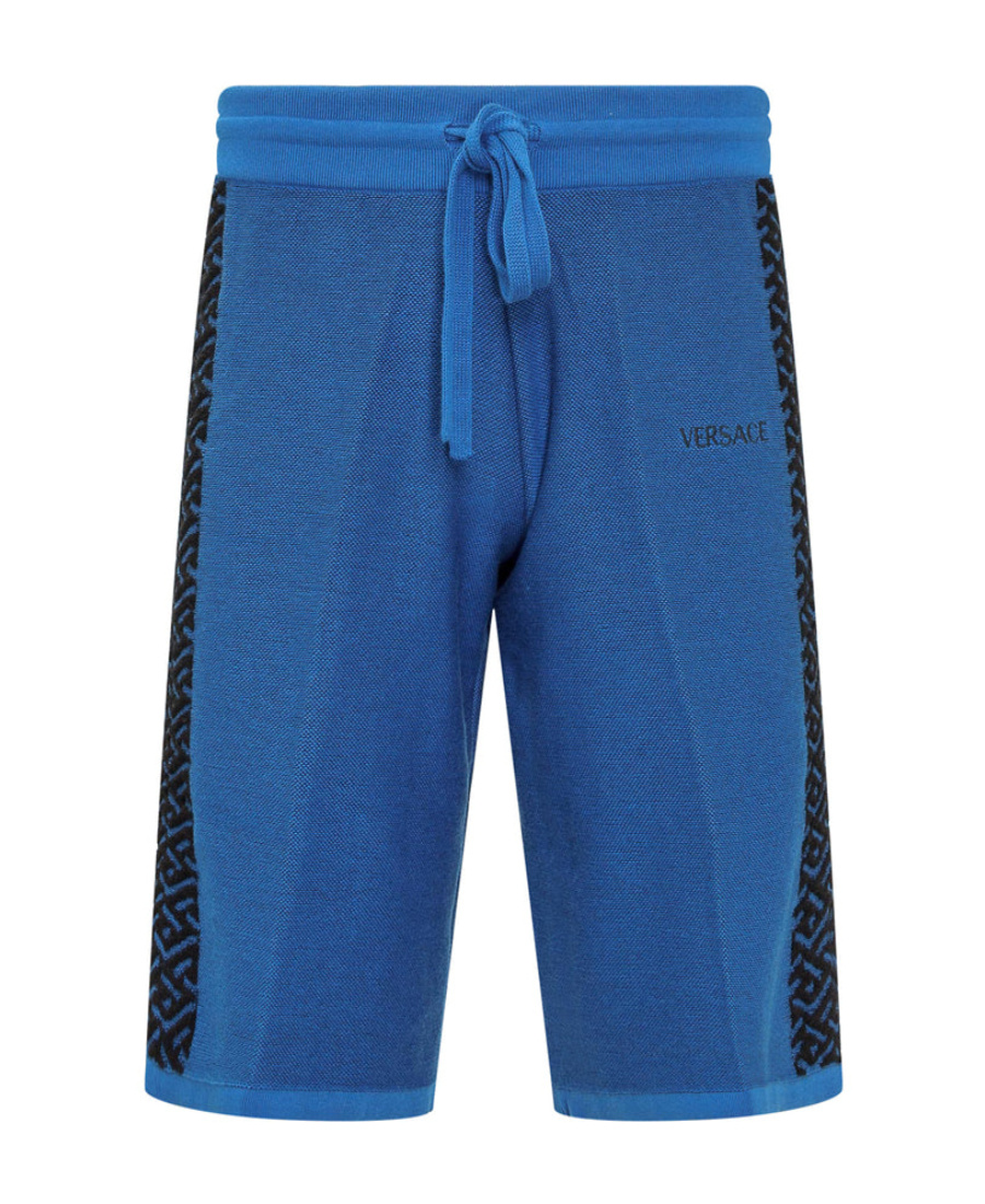 Versace La Greca Drawstring Knitted Shorts In Blue
